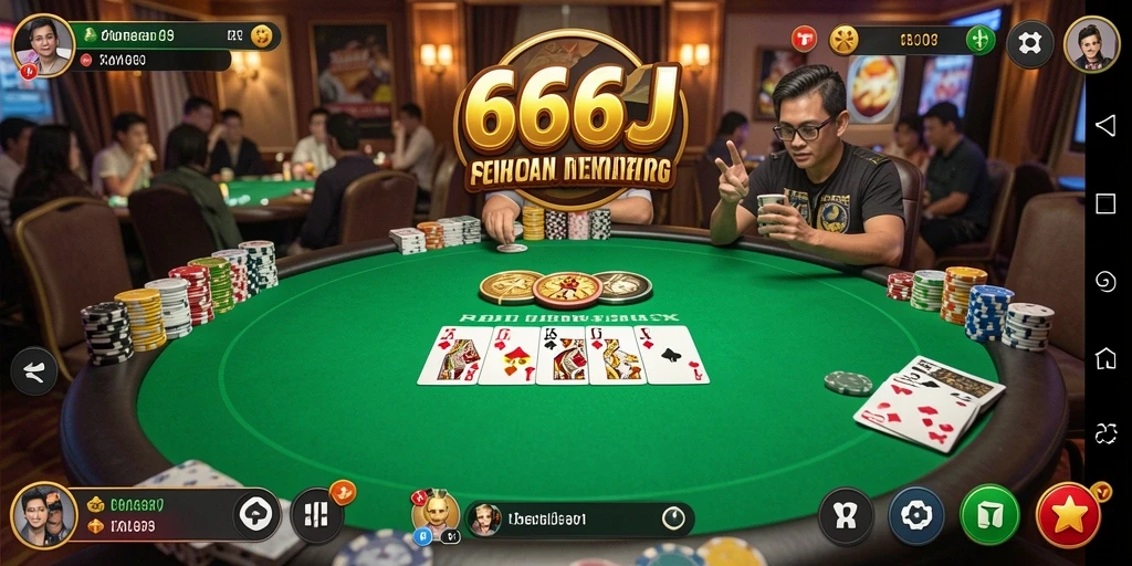Screenshot gameplay 666J menunjukkan momen mendebarkan dalam permainan poker.