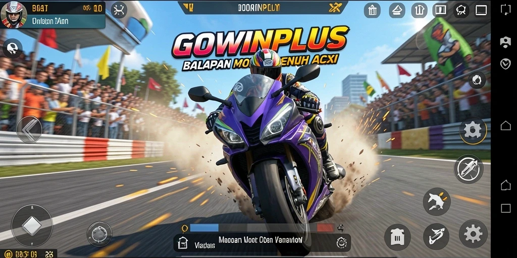 Tampilan gameplay GOWINPLUS menampilkan balapan motor yang seru dan mendebarkan.