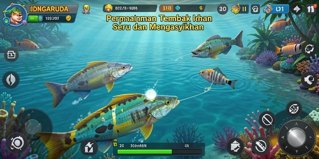 Tangkapan layar gameplay <strong>IDNGARUDA</strong> menampilkan aksi menembak ikan yang mendebarkan.