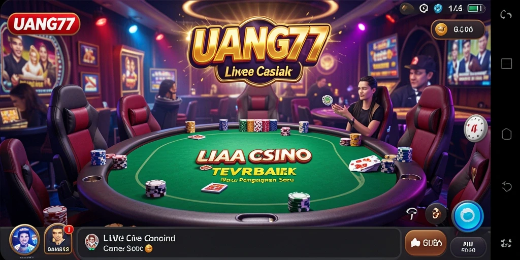 Tangkapan layar UANG77 menampilkan dealer profesional di meja permainan Live Casino.